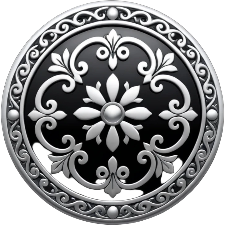 Black and silver filigree round button, 3D, extremely detailed design emoji
