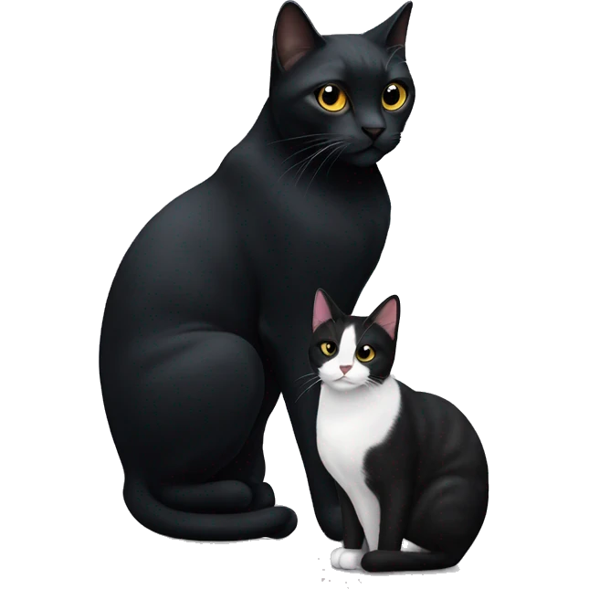 A large black cat sitting next to a smaller black and white cat emoji