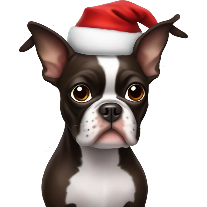 Dark brown Boston terrier dressed as Santa Claus emoji