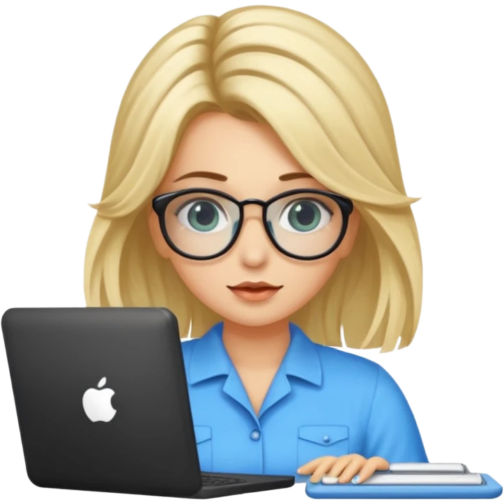 ragazza bionda con capelli lunghi, con occhiali tartarugati, occhi azzurri che lavora al pc emoji