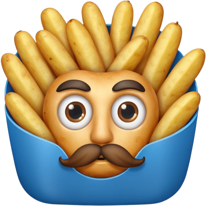 fried potatoes with eyes and mustache, in a blue carton  emoji