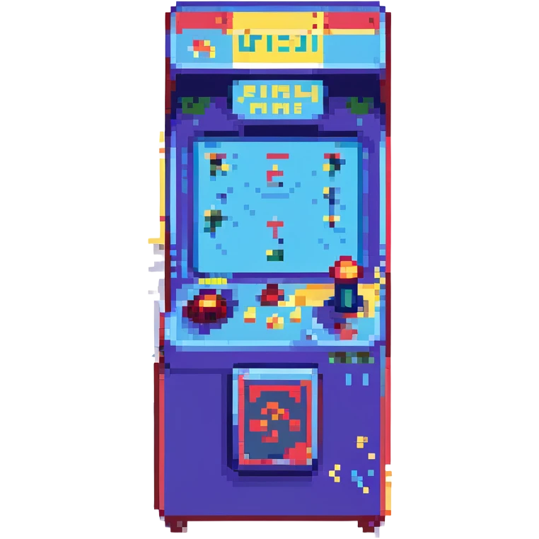 retro arcade machine in neon-lit room, glowing pixel game, red, blue, yellow highlights, joystick and buttons, moody cyber-retro atmosphere, reflective floor, dust particles, immersive 80s nostalgia, cinematic lighting emoji