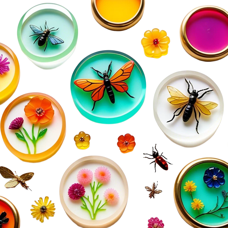 Create an icon that represents decorative arts using epoxy resin. The design should feature colorful tubes of resin, including fluorescent resin tubes, with visible drops or strokes of resin being applied to create intricate designs. Include finished resin jewelry pieces, such as pendants or rings, containing preserved flowers and insects encased in clear resin. The composition should feel vibrant, artistic, and delicate, showcasing the unique beauty of resin art with natural elements. The background should be transparent emoji