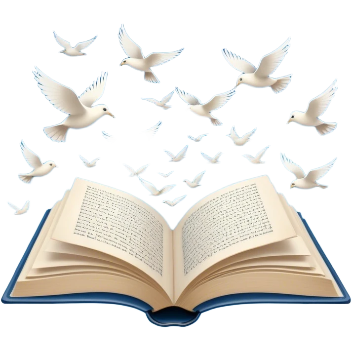 Icon for Poetry Reading: an open book with pages flying out, transforming into a large flock of small white birds soaring into the blue sky. The icon should evoke the freedom and beauty of poetic expression. Transparent background. emoji