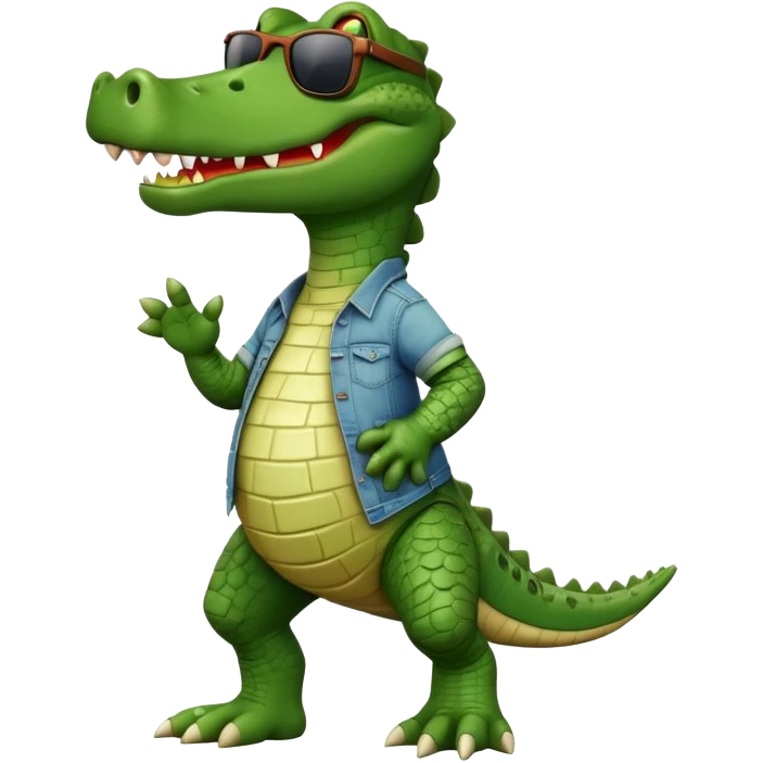 friendly anthropomorphised crocodile in casual clothing, wearing dark sunglasses, walking upright, relaxed pose emoji