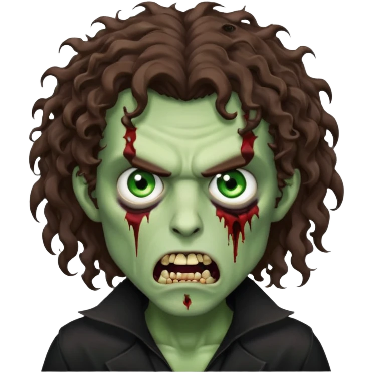 long curly haired male zombie with brown hair color and green eye color, with dark vampire clothes and angry face emotion emoji