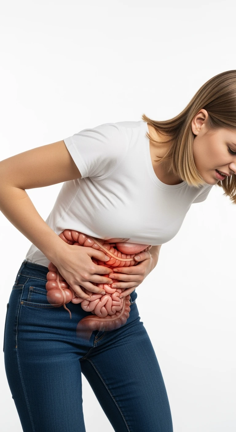 donna giovane piegata in avanti con mal di pancia e INTESTINO UMANO ANATOMICO IN EVIDENZA, iperrealistica 4k, ISOLATA SU SFONDO BIANCO emoji