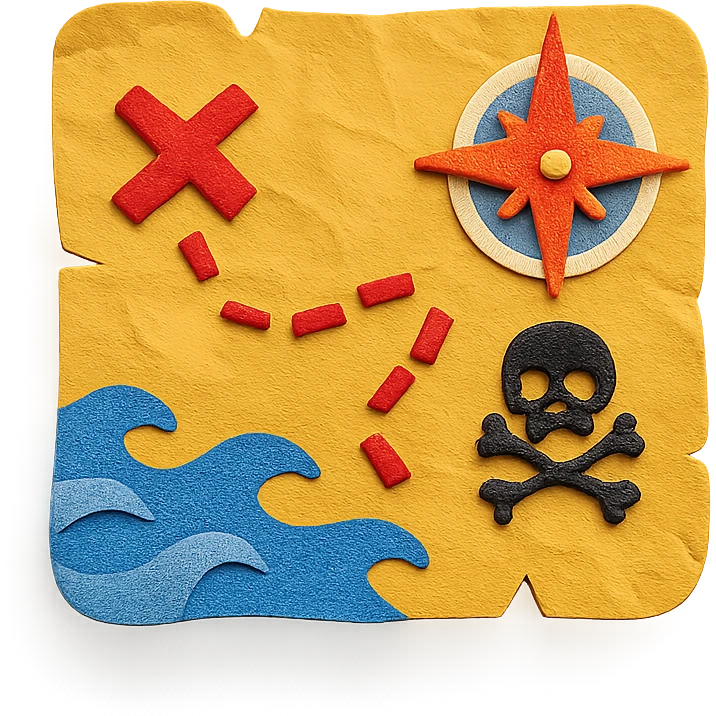 treasure map with compass rose, waves, and pirate symbols, vibrant colors emoji