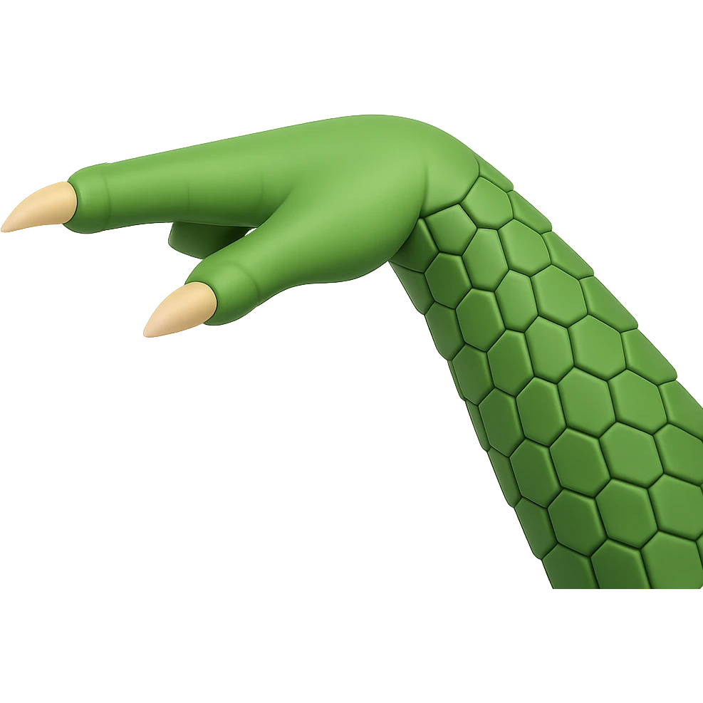 Side view of a cartoon-style reptile hand, palm facing down like the 🫳 emoji, green scaly skin, three visible claws, no background. emoji