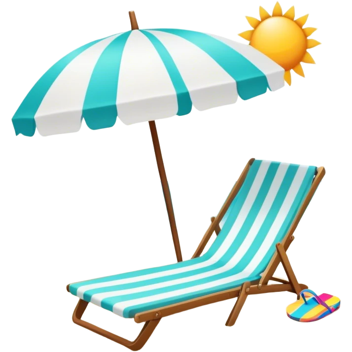 Vibrant Icon for Beach Tourism: a sunny beach with the sea, a lounge chair, a sun umbrella, and flip-flops. The icon should capture the essence of a relaxing beach vacation with a carefree atmosphere. Transparent background. emoji