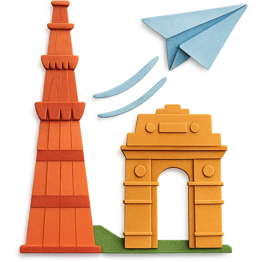 paper craft airplane flying past Indian monuments emoji