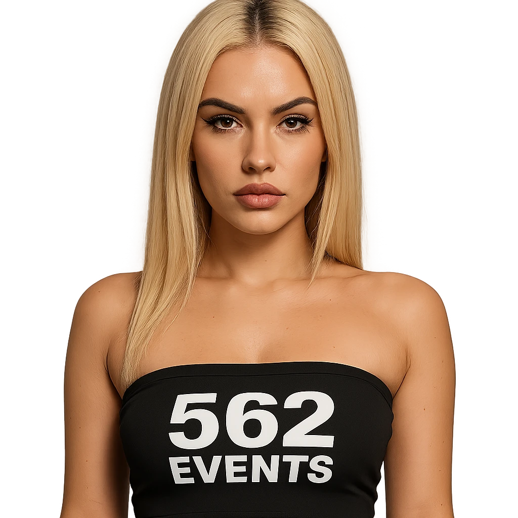 realistic baddie with blonde hair and white skin, wearing a tube top with the text '562 Events' written on it emoji