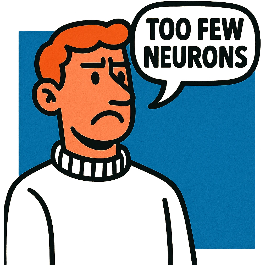 guy in a white jumper, speech bubble 'too few neurons' emoji