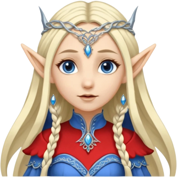 a girl elf with very long blond hair and a twisted headpiece, she's got pointy ears and a blue/silver dress emoji
