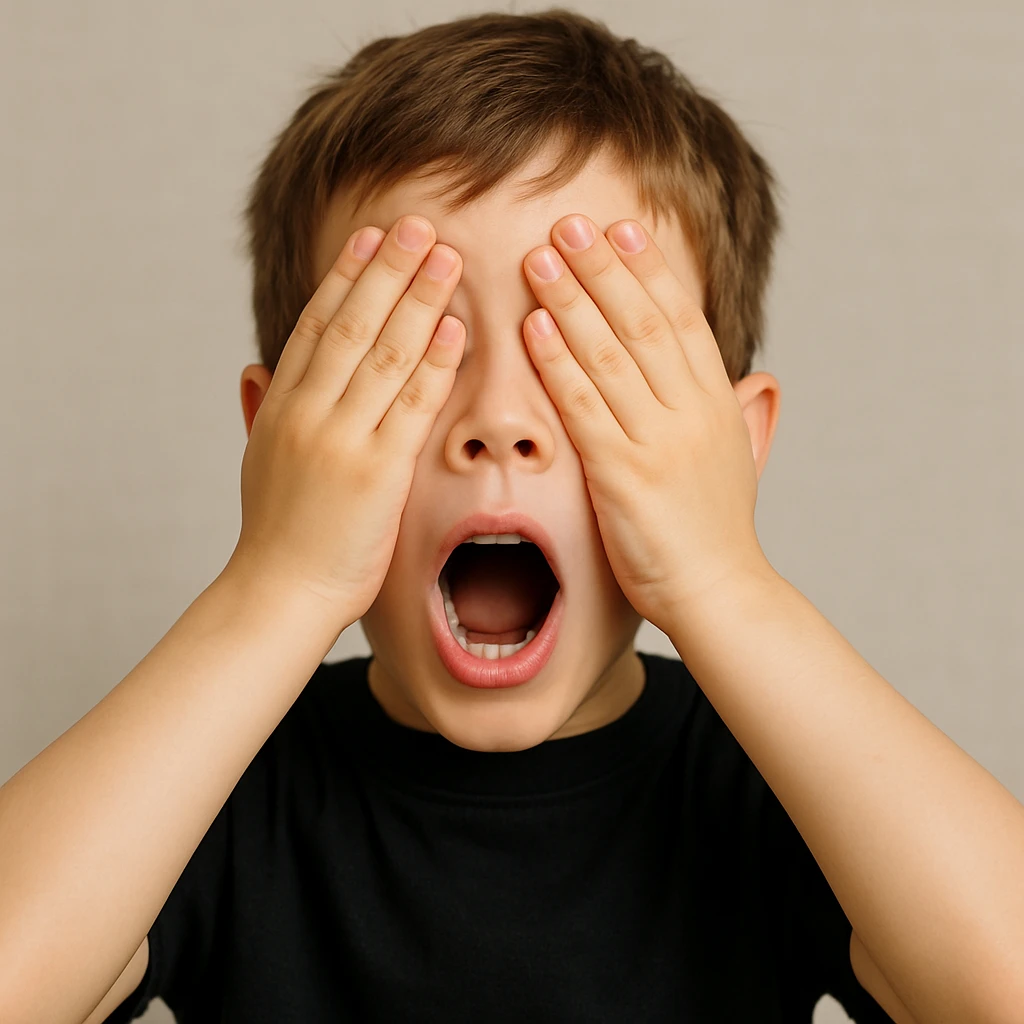 white boy, brown hair, wide open eyes and mouth, hands covering his eyes, black shirt, front-facing emoji