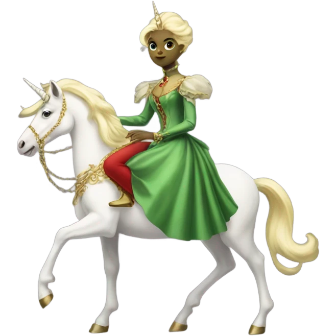 "galora green blonde alien woman" in red Victorian elegant dress, full body, rides unicorn gold and white
(NO WOKE)
 emoji