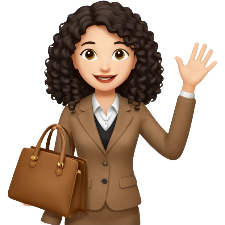 medium deep tan brown business woman with long black curly hair, waving hand with happy face with smile mouth and carrying bag on her shoulder emoji