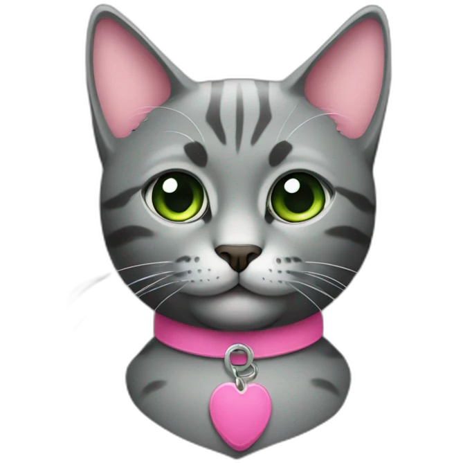 gato gris oscuro con collar rosa y ojos verdes emoji