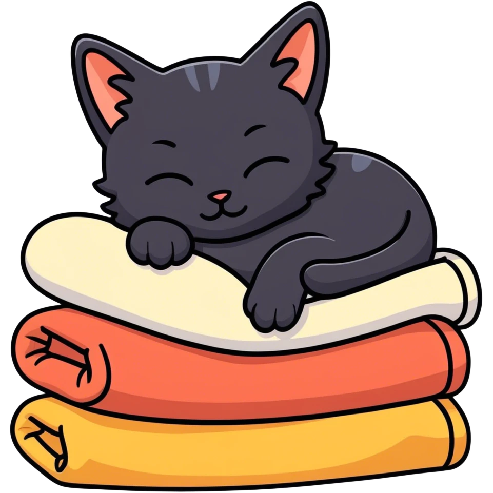 Black fluffy kitten sleeping on a stack of folded blankets  emoji