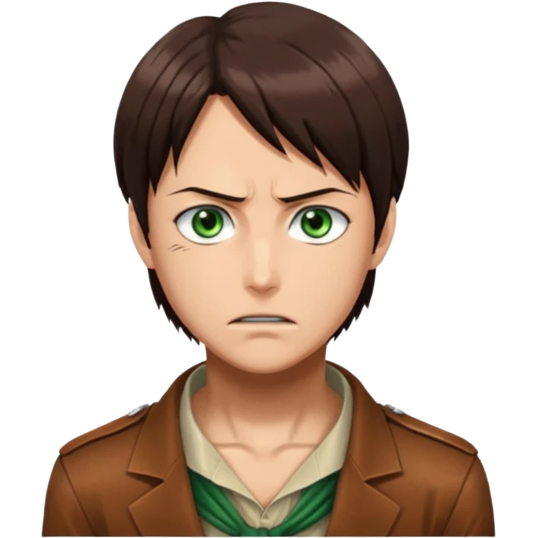 “Create an avatar that looks like Eren Yeager from Attack on Titan, Season 4 — sharp jawline, tied-back long brown hair, intense green eyes. No expression.  emoji