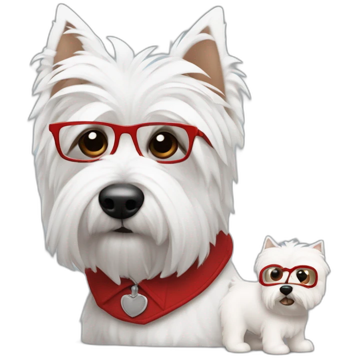 Hombre con gafas con montura roja y pelo de punta con un perro westie emoji