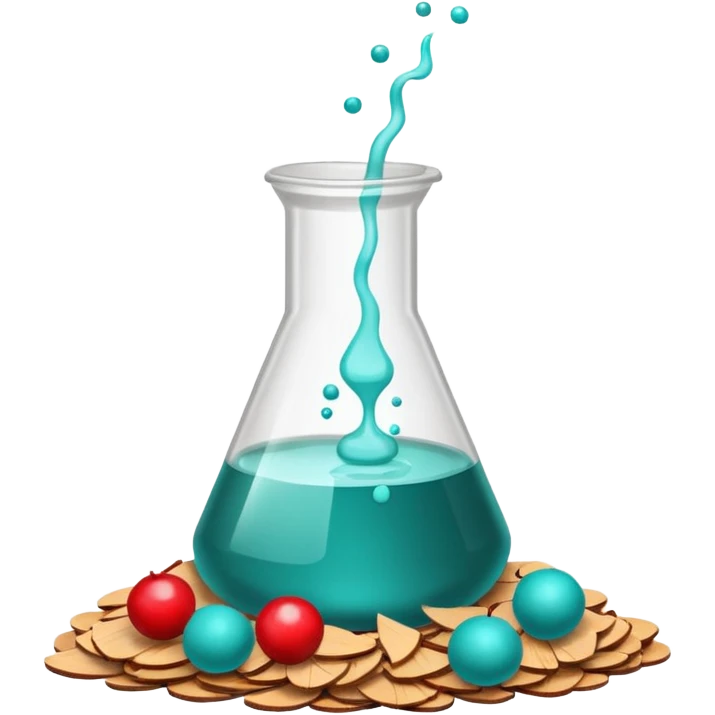 A science beaker filled with teal chemical, cherry slices, paper balls, and wood chips emoji