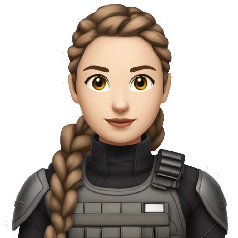 A young woman with a petite and slender build, pale, hazel eyes, and long brown hair with a silver streak, pulled back into a braid. She’s wearing black tactical battle gear. The end of her hair is white emoji