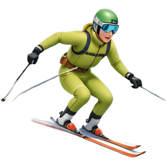 An icon featuring a skier racing down a snow-covered slope, surrounded by snowy peaks, pine trees, and a picturesque mountain landscape. The sky is blue with soft clouds, capturing the thrill and beauty of alpine skiing. Transparent background  emoji