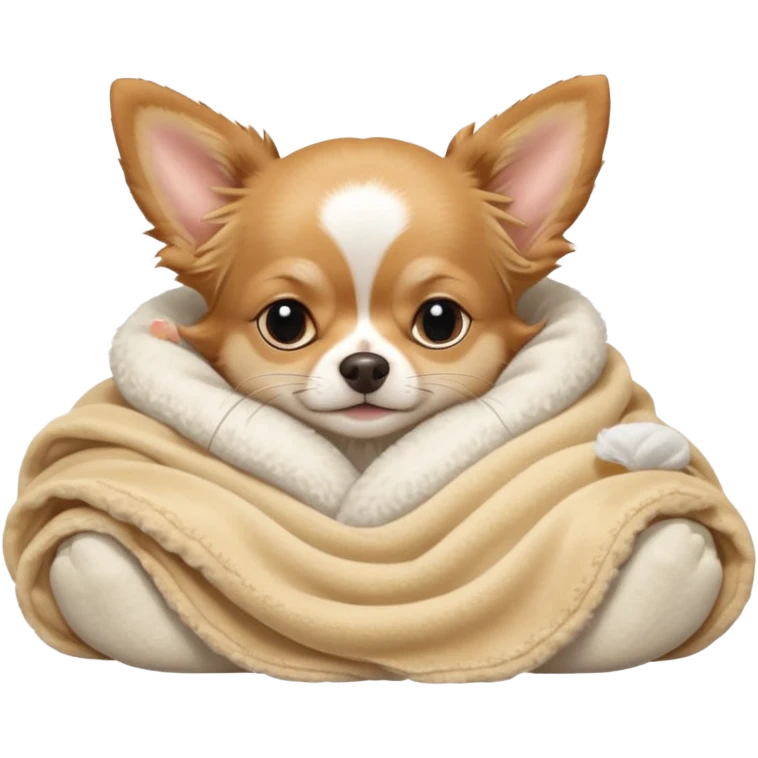 Long haired chihuahua, beige, no white on head, with white chest and white socks, sleeping cutely under blanket emoji