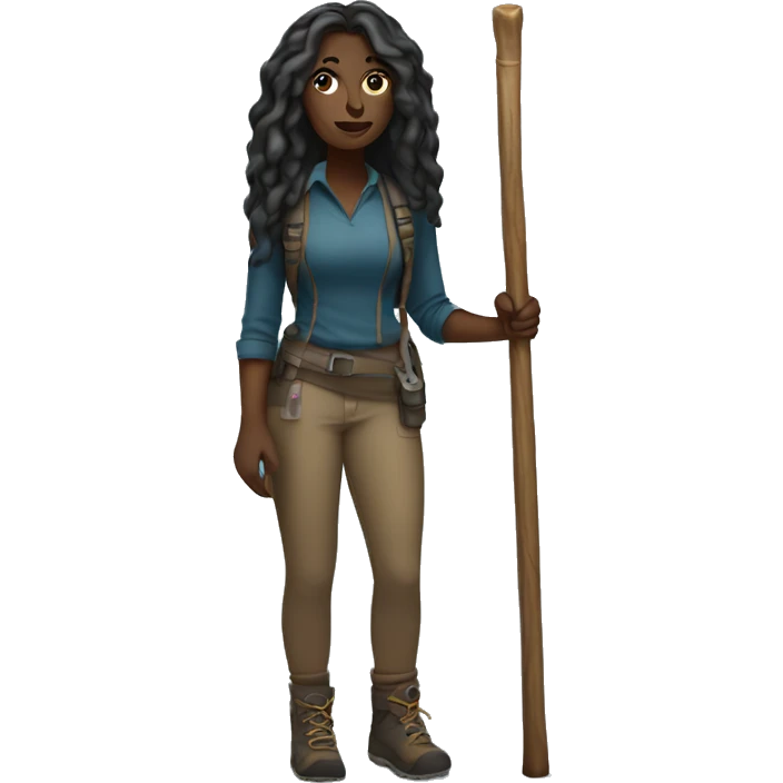 Dark Woman long hair  hiking full body with hiking sticks  emoji