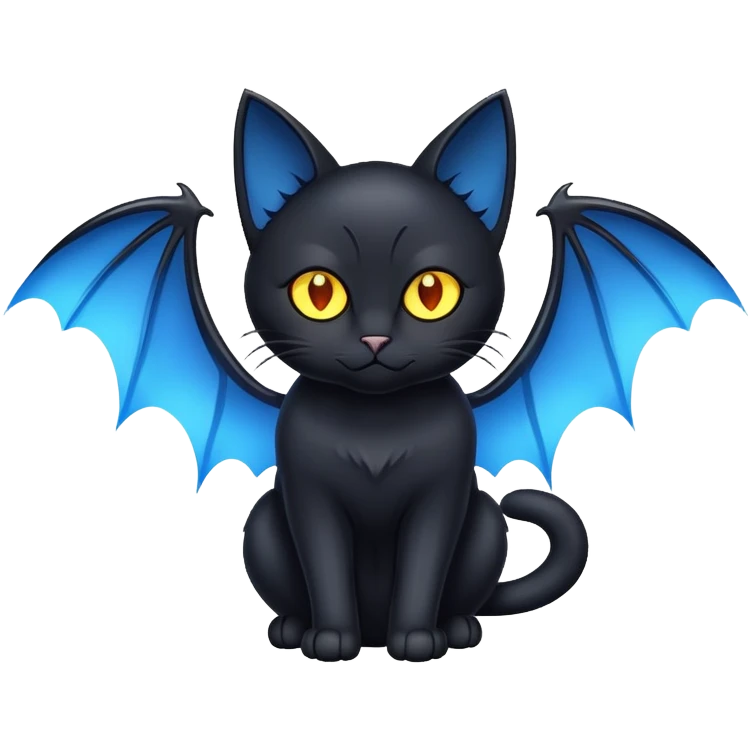black cat with blue bat wings and glowing yellow eyes emoji