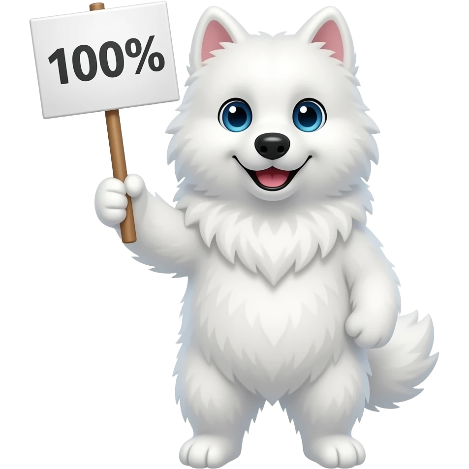 Make a samoyed that holds up a sign were it stands ”100%” with its front legs emoji