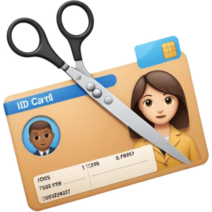 Scissors cutting an ID card in 2 parts.hyper realistic emoji