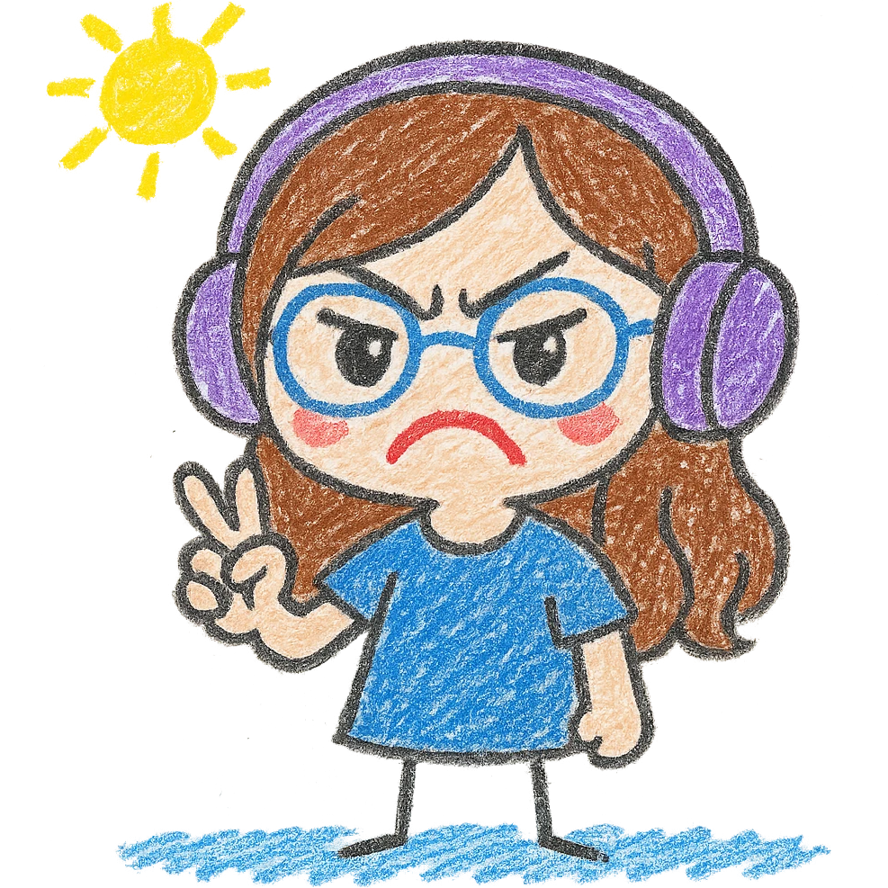 Edit the image of a female brunette with glasses and a purple gaming headset in chibi style to have an angry facial expression. Keep the background transparent. emoji