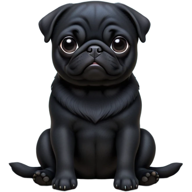 cinematic-[black pug]-realistic-full-body-sitting-emoji,-tail-resting-loosely-beside-its-paws,-head-tilted-dramatically, -sleek-[black]-fur,-simplified-yet-realistic-focused-features,-highly-detailed,-glowing-with-an-almost-sarcastic-glow emoji