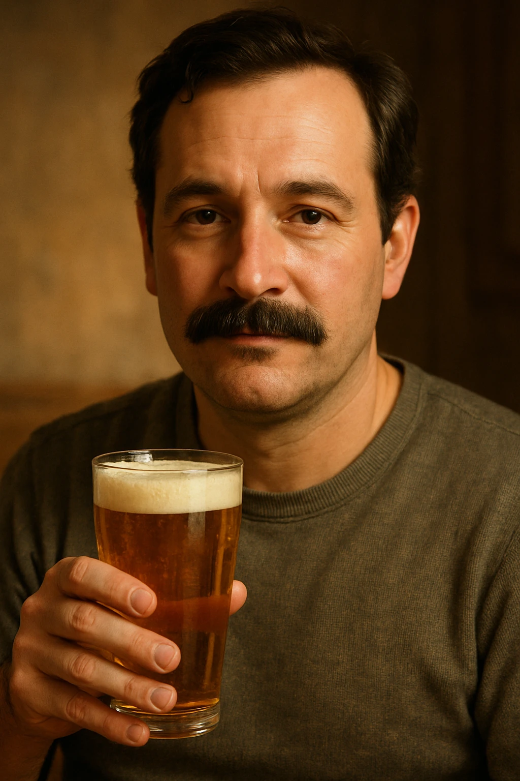 A man with a mustache holding a glass of beer emoji