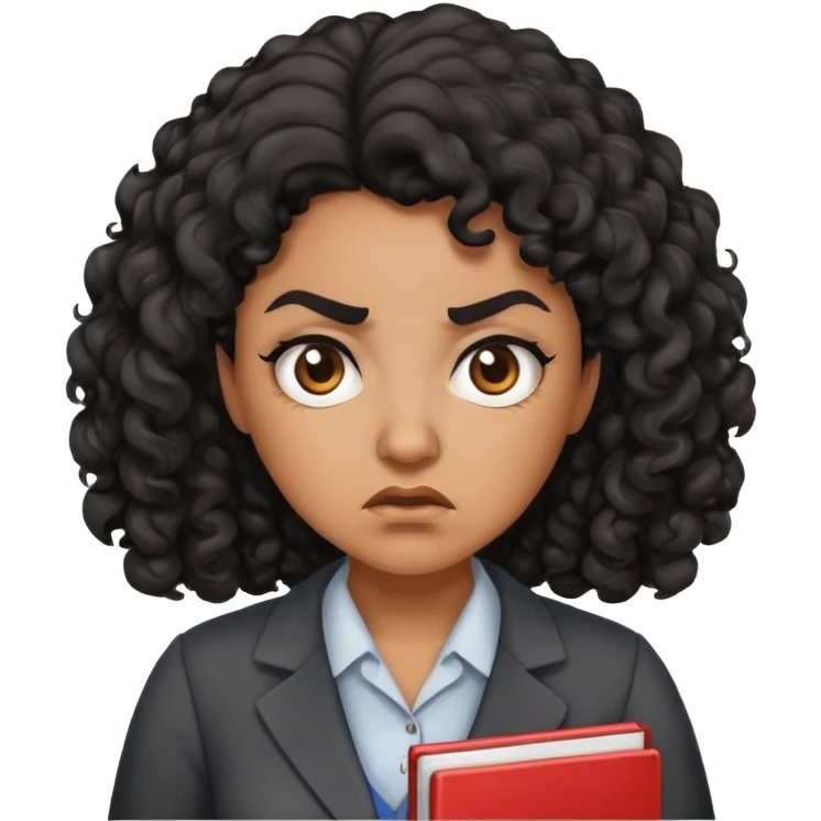 An angry female teacher with brown skin, black curly hair, and slightly chubby emoji