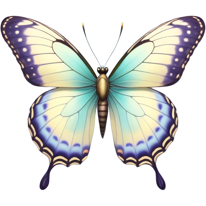 Beautiful and Majestic Butterfly Portrait Emoji, Head and body rendered in serene repose with a gentle, content smile, showcasing a delicately patterned form with softly shimmering wings and eyes peacefully closed in tranquil repose, Simplified yet exquisitely endearing features, highly detailed, glowing with a soft, drowsy pastel light, high shine, relaxed and utterly noble, stylized with an air of timeless natural beauty, soft glowing outline, capturing the essence of a majestic butterfly that embodies the pure enchantment of nature! emoji