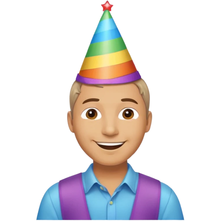 Adult man, short hair, rainbow birthday party hat, cheerful expression emoji