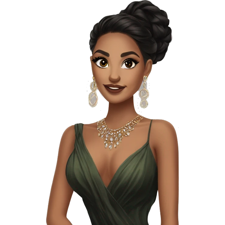 Glamorous, cocktail dress, black balayage hair, long wavy hair, olive skin, brown almond eyes, winged eyeliner with big lashes, wearing hooped earrings, rings and bracelets  emoji