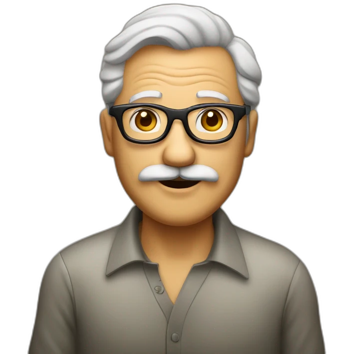 Abuelo joven con pelo cano con gafas y bigote saludando emoji
