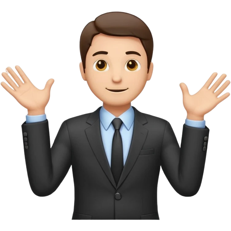 Sticker of a man in a business suit, front view, both arms extended straight in front of his body at chest level, elbows slightly bent, palms facing inward as if holding an invisible box, friendly expression, clean cartoon style, bold outlines, minimal background, emoji sticker style emoji