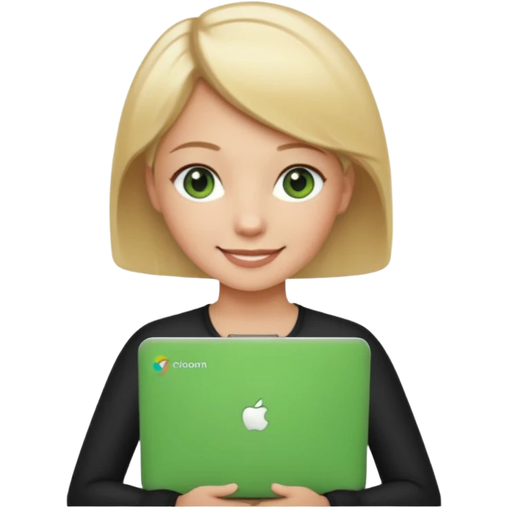 short blonde hair teacher green eyes woman happy holding chromebook emoji