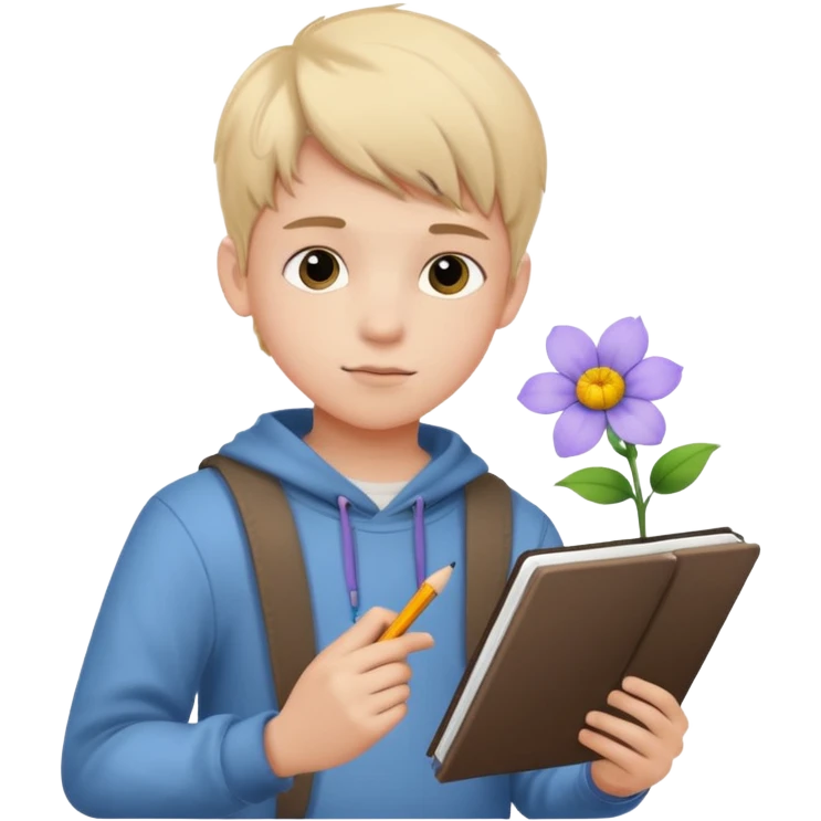 Teen boy drawing boy with flower character in notebook emoji