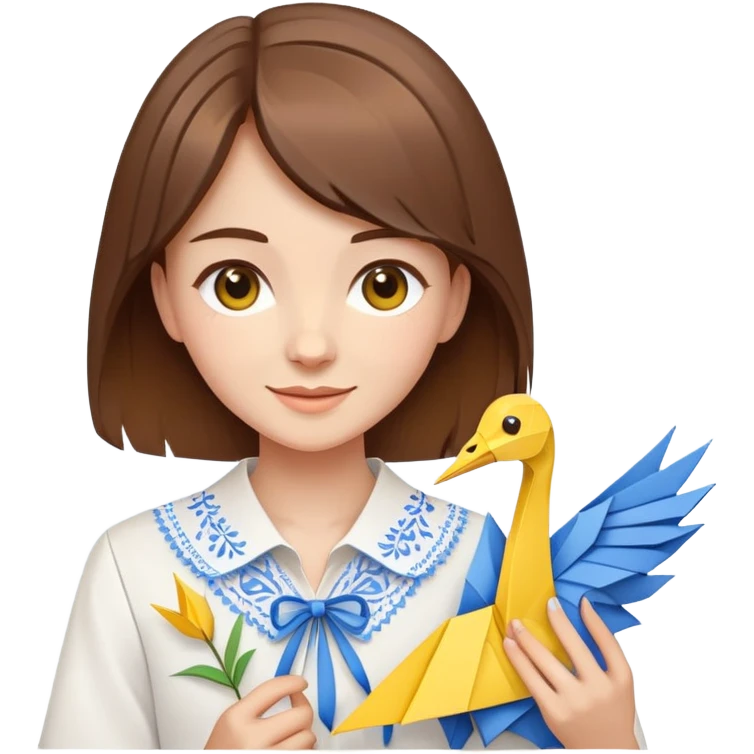 Happy Ukrainian young girl with brown hair in a white embroidered shirt holds an origami yellow and blue crane emoji