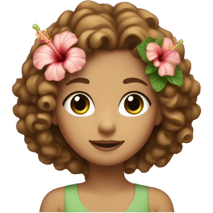 Beautiful White girl with curly light brown hair and green eyed and little nose and hibiscus in her hair emoji