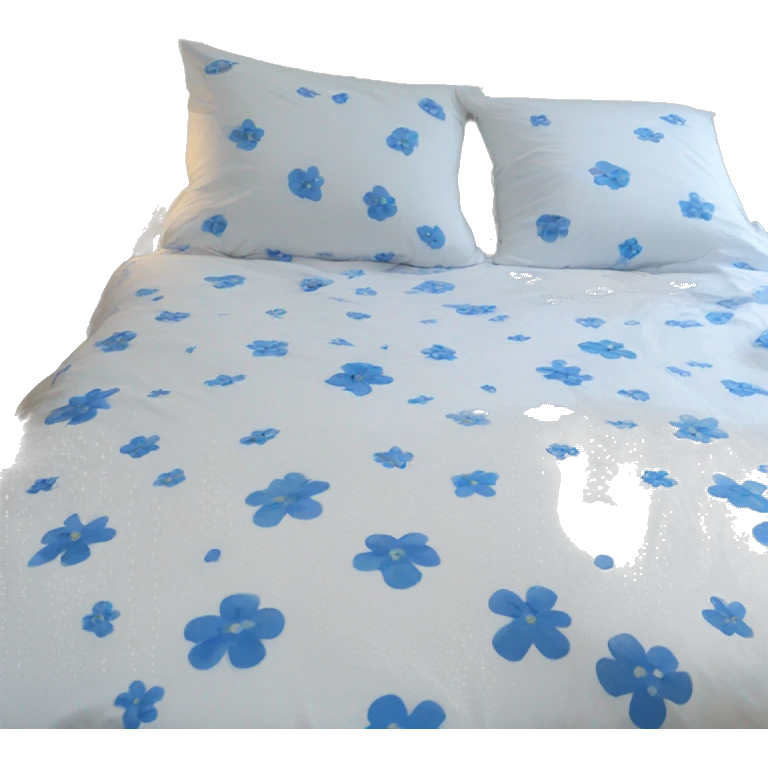 Cosy white bed with blue smal flower oversized bed sheets emoji