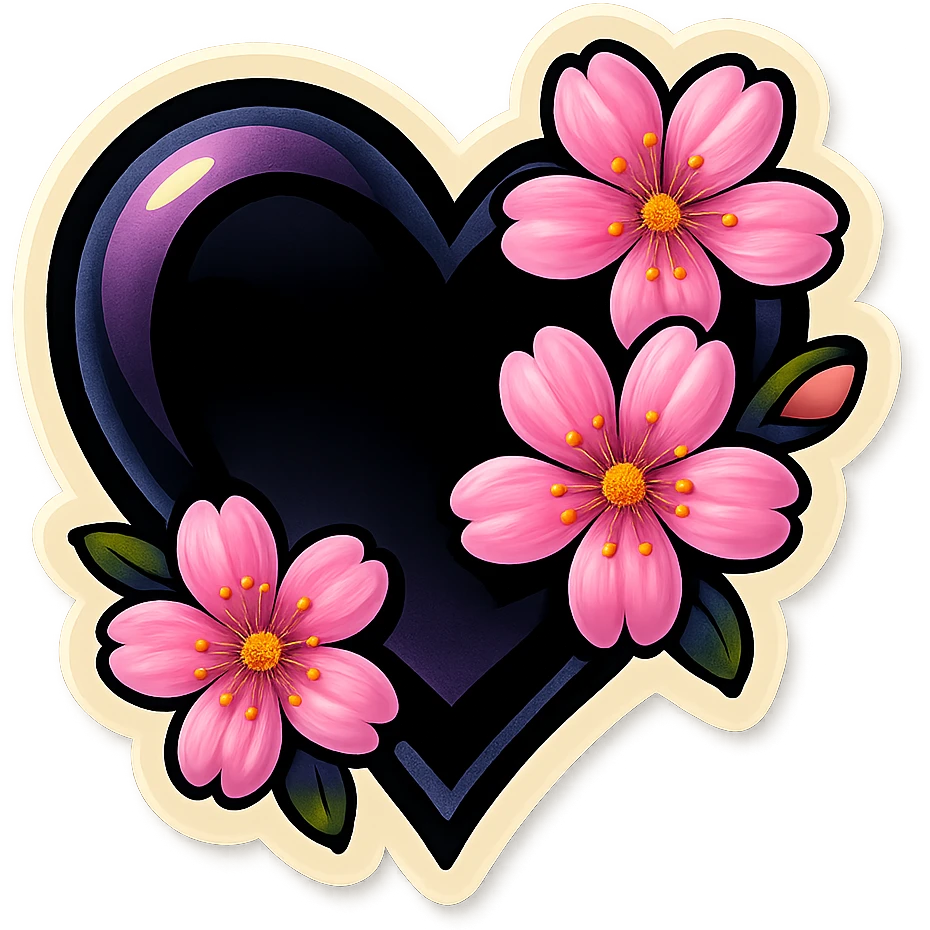 goth sakura heart, sticker style, thick black outline, pink sakura, playful gothic emoji