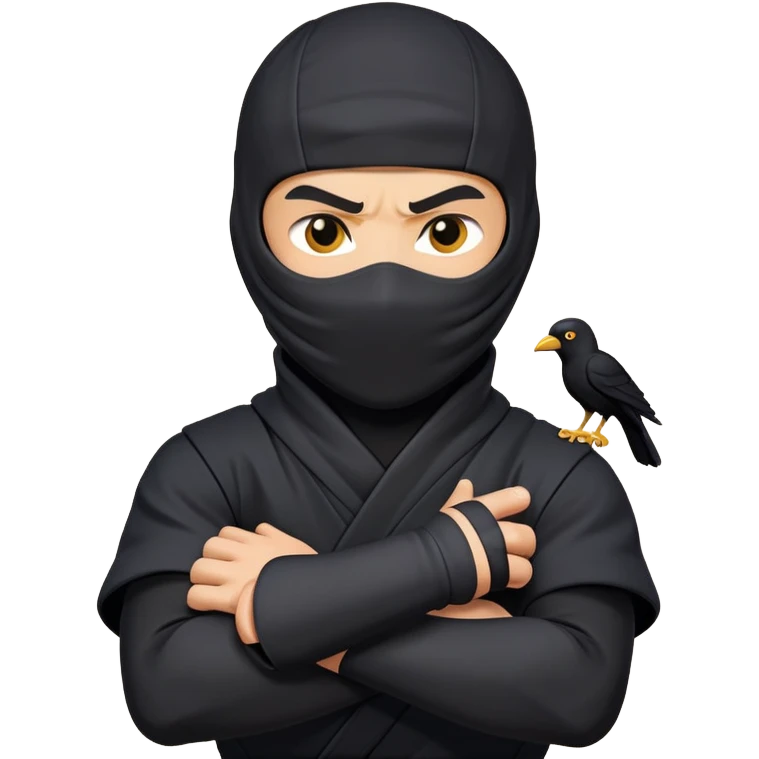 clash-of-clans-aesthetic_-cinematic-mysterious-male-ninja-portrait-emoji, rendered in a flat, vector-style with minimal shading and bold, simplified shapes, his arm is stretched out  with a head slightly turned revealing intense, focused eyes. the ninja has his arm out and perched on top of his forearm is  a black crow emoji