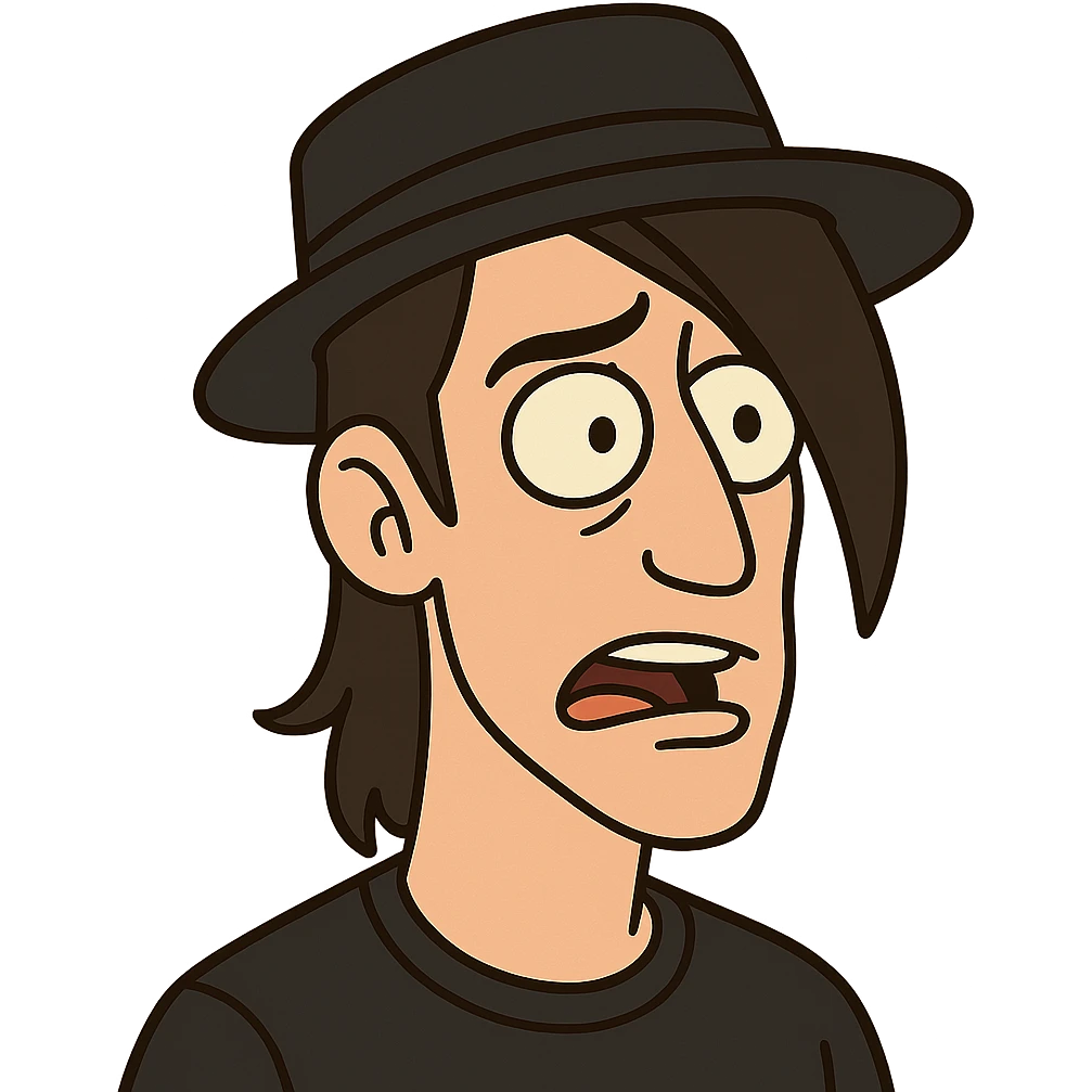 male face with a black hat and long side bangs, cartoon style emoji